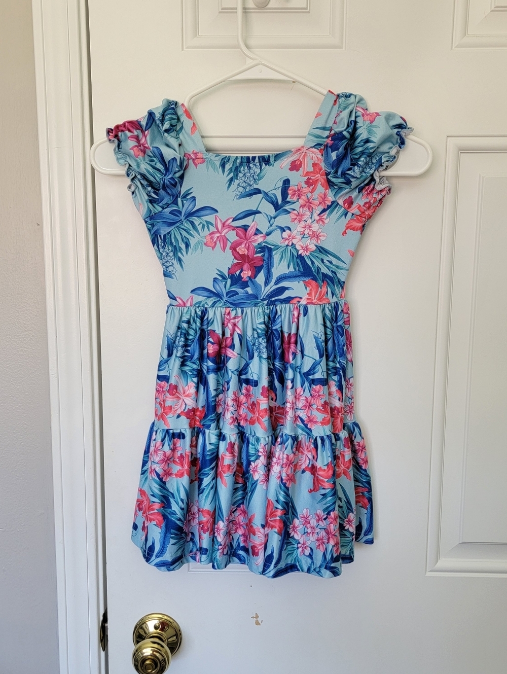 Tommy Bahama Blue Pink Tropical Sundress Tiered Ruffles Short Puff Sleeve 4T - Picture 5 of 10